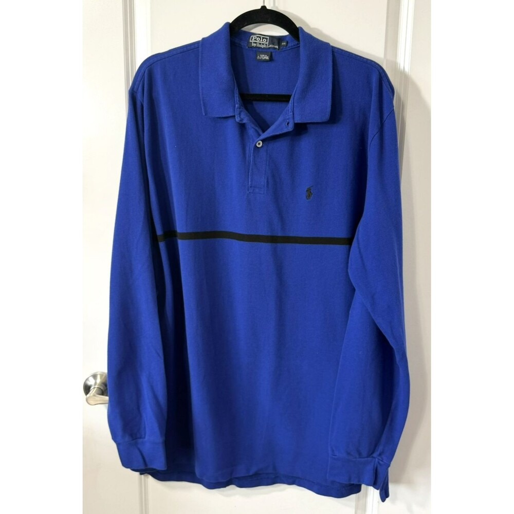 Vintage Polo Ralph Lauren Polo Shirt XXL Blue Black Stripe preppy rugby 90s logo